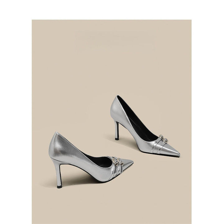 Women pointed toe patent pumps with narrow stiletto and decorative shiny buckle Mune Fashion