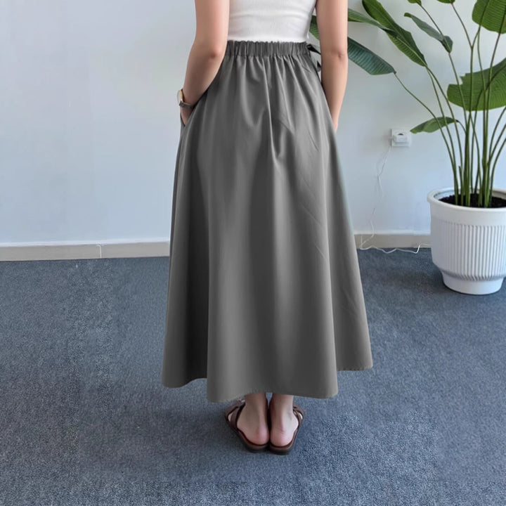 Women's Flowing Midi Skirt with High Smocked Waistband, Ties and Pockets Mune Fashion