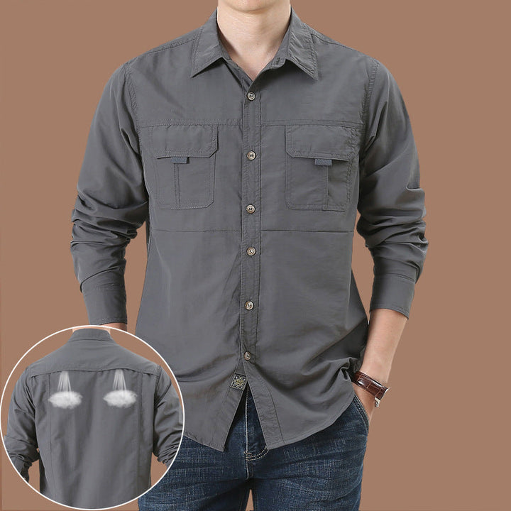 Men's breathable travel safari shirt with double-flap breast pockets, roll-up sleeve system and wrinkle-free cotton blend Mune Fashion