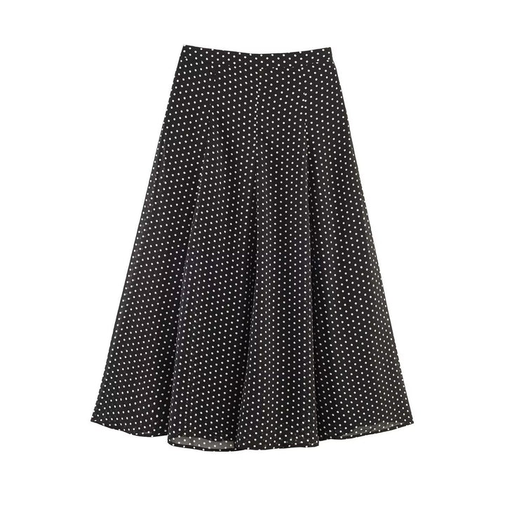 Ladies Flowing Midi Skirt in Vintage Polka Dot Design with Flared Plate Cut Mune Fashion