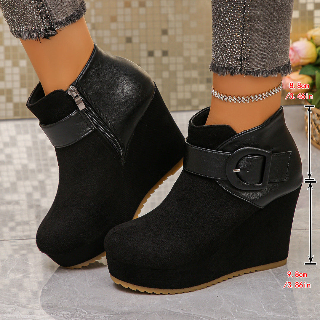 Women's Fashion Wedge Ankle Boots with Zipper and Buckle Detail Mune Fashion