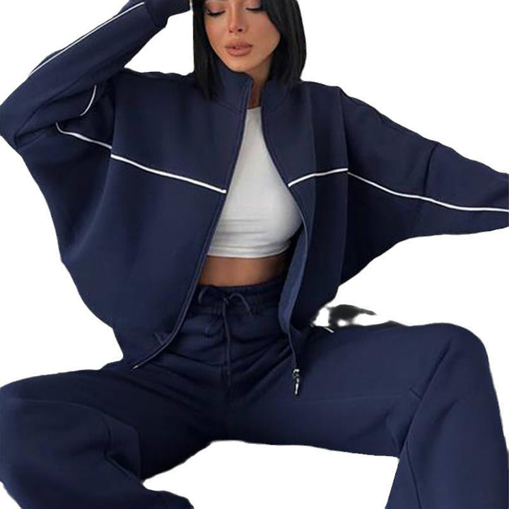 Women's casual sweatset with stand-up collar zip cropped jacket and high-waisted flared pants Mune Fashion