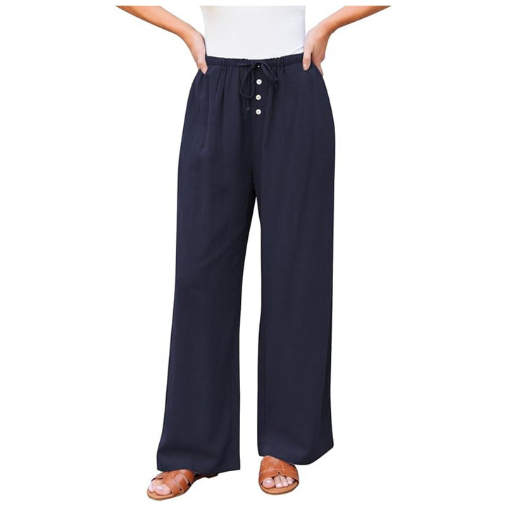 Women Linen-Look Pants with Wide Leg, Elastic Waist, Drawstring and Button Detail Mune Fashion