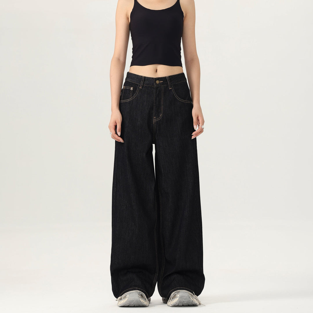 Women Wide Low-rise Baggy Denim Pants in Marlene Style with Contrast Stitching Mune Fashion