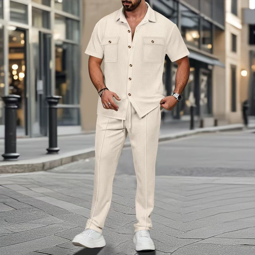 Men's casual two-piece set with open lapel shirt, chest pockets, and tapered drawstring pants Mune Fashion