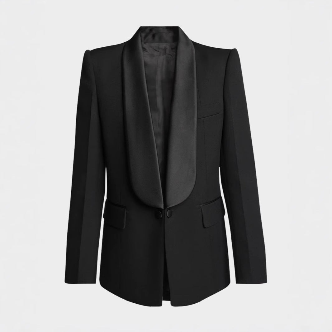 Women's Elegant Tuxedo Set with Satin Shawl Collar and Wide Palazzo Pants Cut Mune Fashion