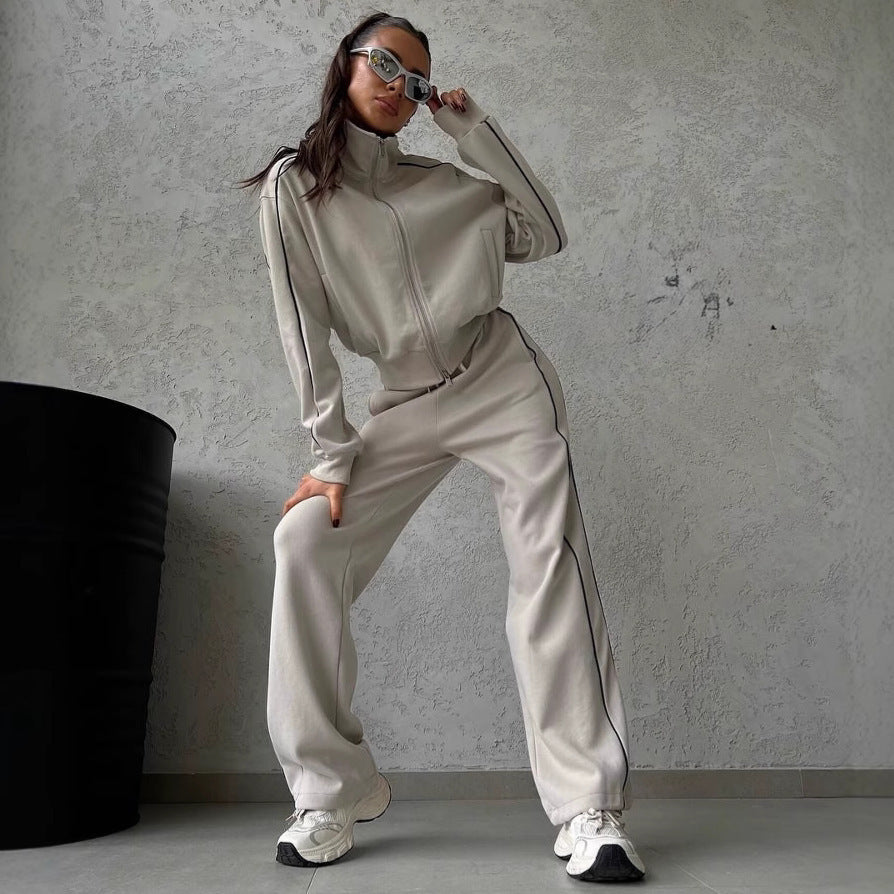 Women's casual sweatset with stand-up collar zip cropped jacket and high-waisted flared pants Mune Fashion