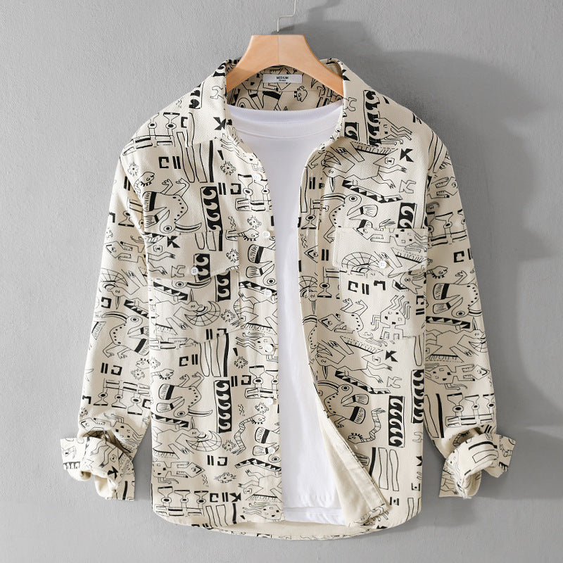 Men's Lightweight Cotton Overshirt with Artistic Line Print and Double Chest Pocket Mune Fashion