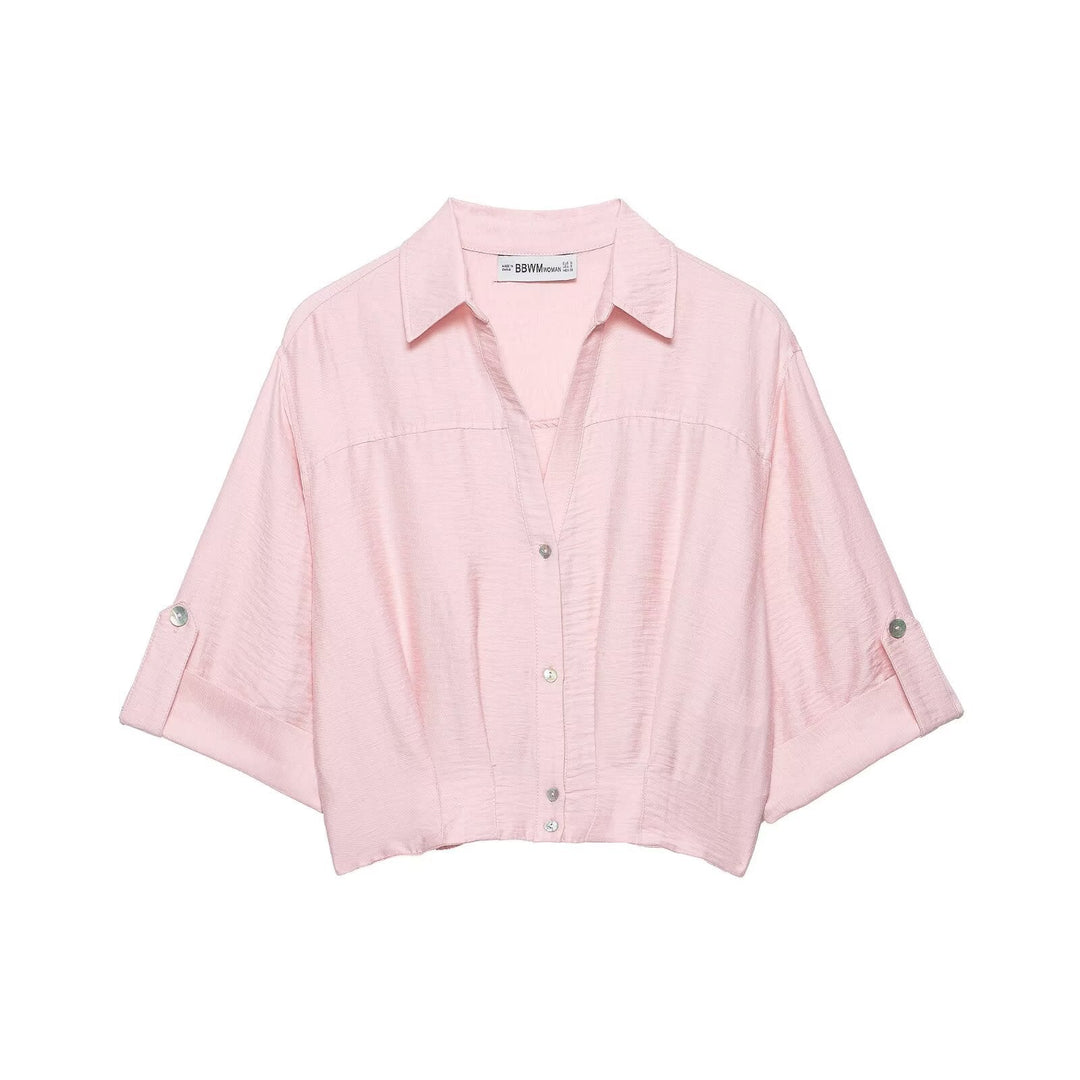 Women's Boxy Cropped Blouse with Shirt Collar, Shortened Hem and Roll-Up Sleeves Mune Fashion