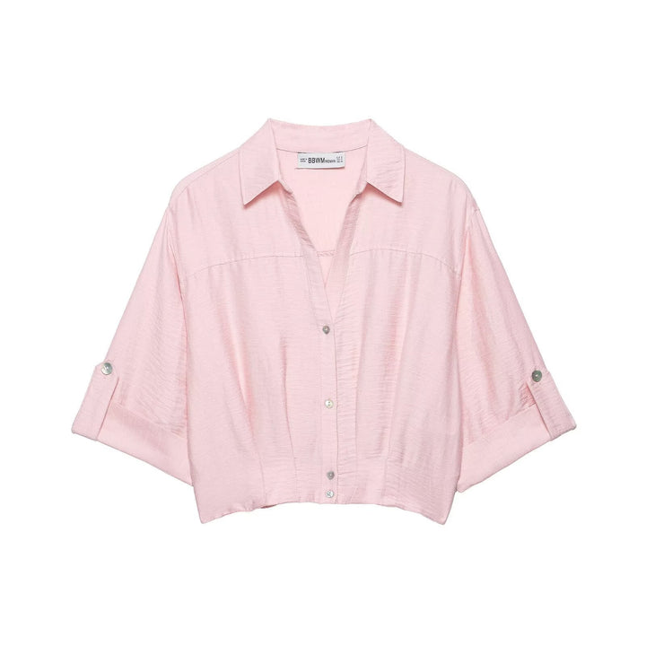 Women's Boxy Cropped Blouse with Shirt Collar, Shortened Hem and Roll-Up Sleeves Mune Fashion