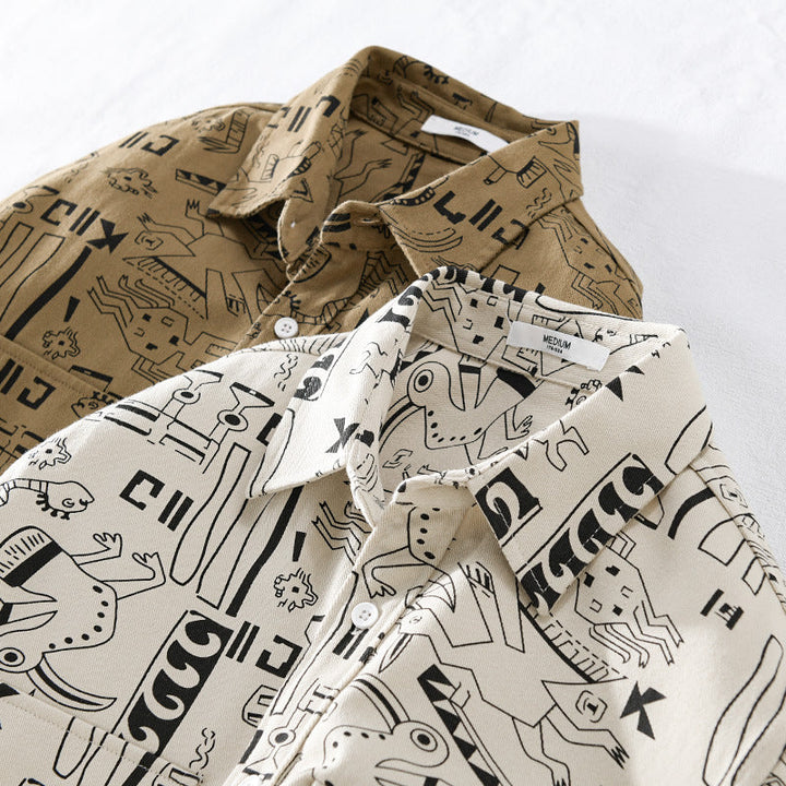 Men's Lightweight Cotton Overshirt with Artistic Line Print and Double Chest Pocket Mune Fashion