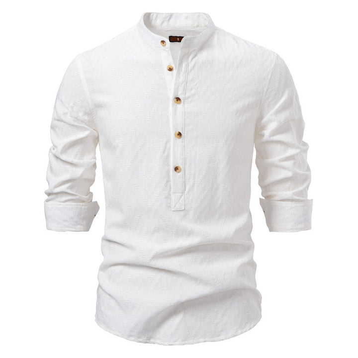 Men's jacquard shirt with stand-up collar, half button placket, and wood-look buttons Mune Fashion