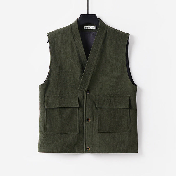 Men's cord waistcoat with V-neck, stand-up collar, and large flap pockets Mune Fashion