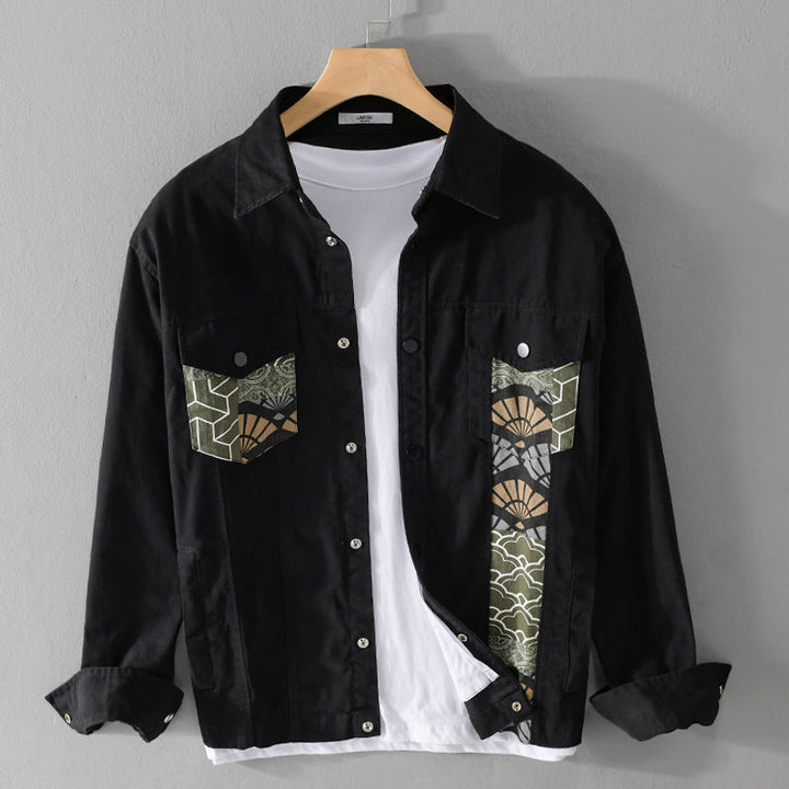Men's Lightweight Canvas Overshirt in Worker Style with Japanese Pattern Patch and Snap Button Placket Mune Fashion