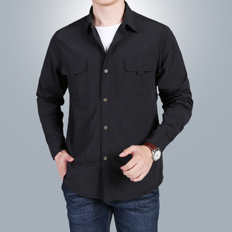 Men's breathable travel safari shirt with double-flap breast pockets, roll-up sleeve system and wrinkle-free cotton blend Mune Fashion