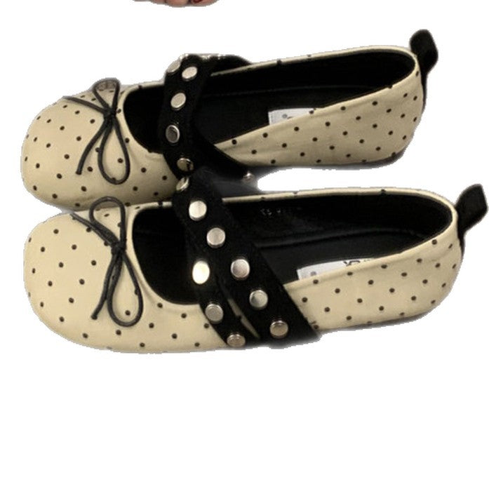 Women's Ballet Flats with Polka Dot Design and Decorative Buckle
