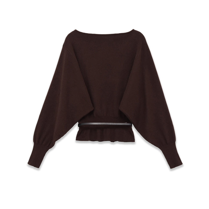 Women's bat sweater with wide sleeves, gathered waist and narrow belt Mune Fashion