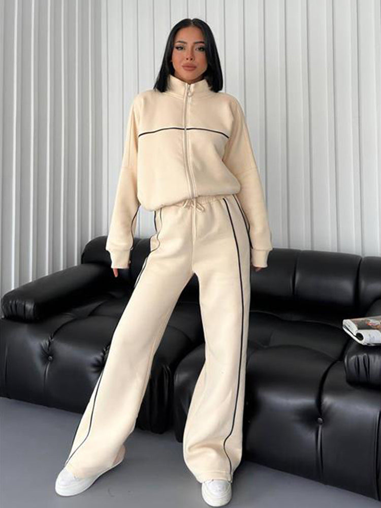 Women's casual sweatset with stand-up collar zip cropped jacket and high-waisted flared pants Mune Fashion