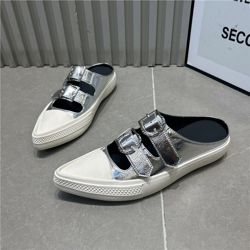 Women's pointed toe mule sneakers with double buckle straps and flat platform sole Mune Fashion