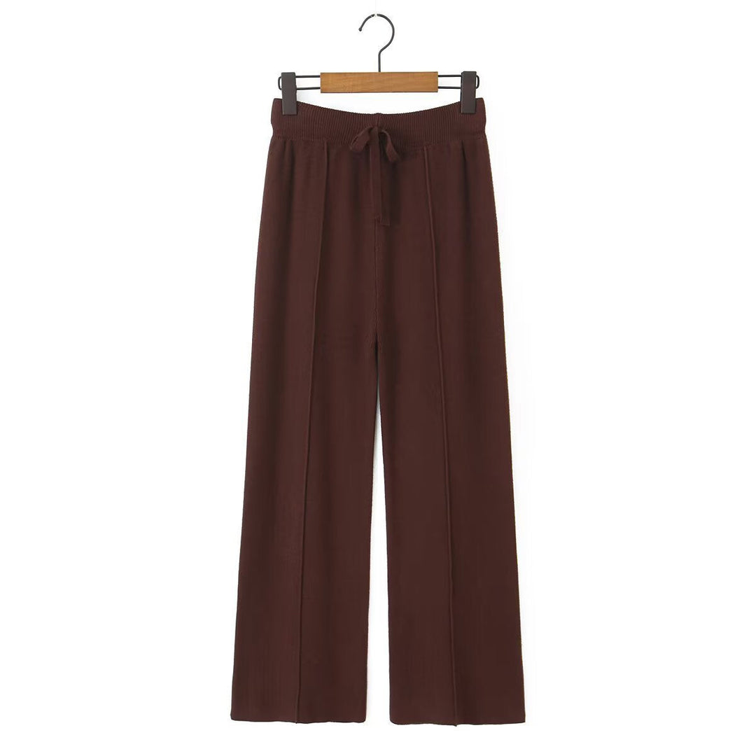 Women Wide Knit Trousers with Ribbed Waistband, Drawstring and Crease Mune Fashion