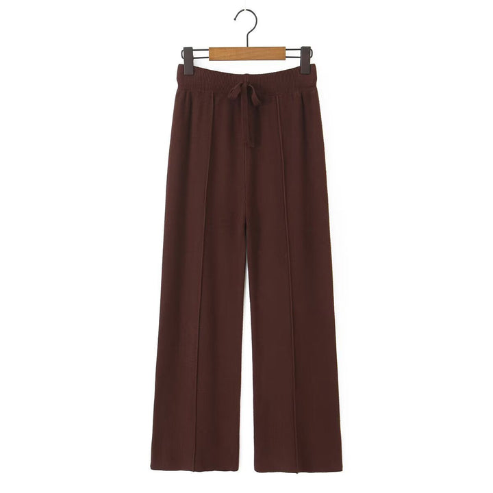 Women Wide Knit Trousers with Ribbed Waistband, Drawstring and Crease Mune Fashion