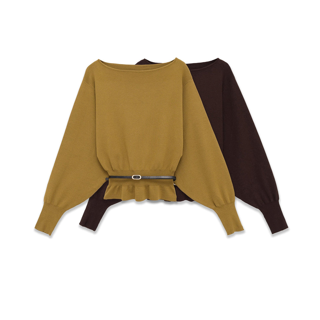 Women's bat sweater with wide sleeves, gathered waist and narrow belt Mune Fashion