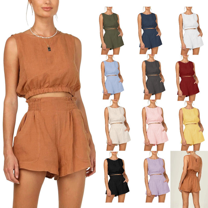 Women's Casual Linen Top and Shorts Set with Lace-Up Hem