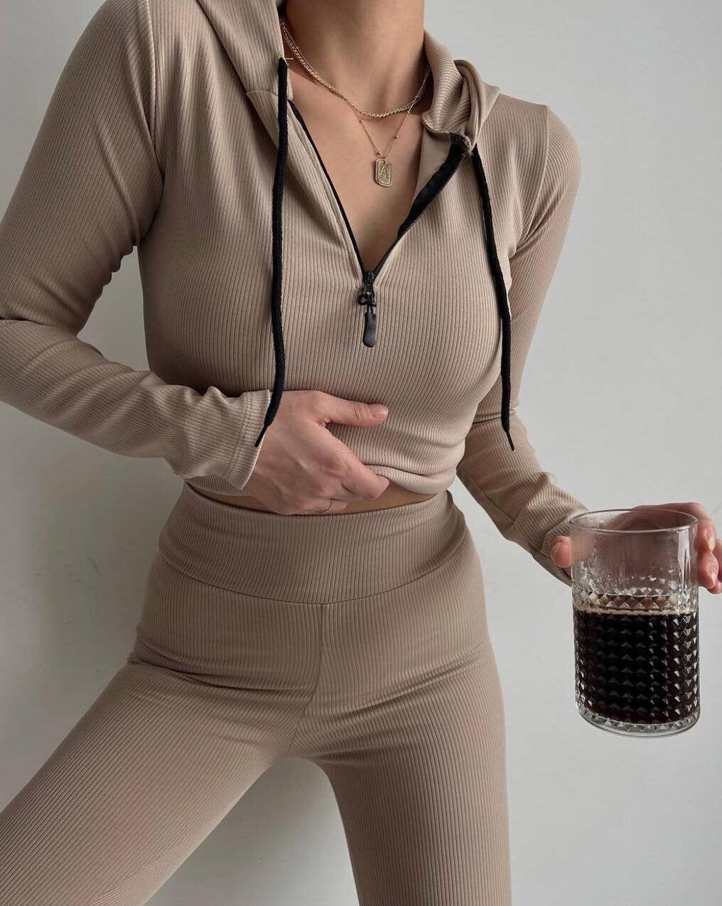 Women Ribbed Lounge Set with Half Zipper and High Waist Mune Fashion
