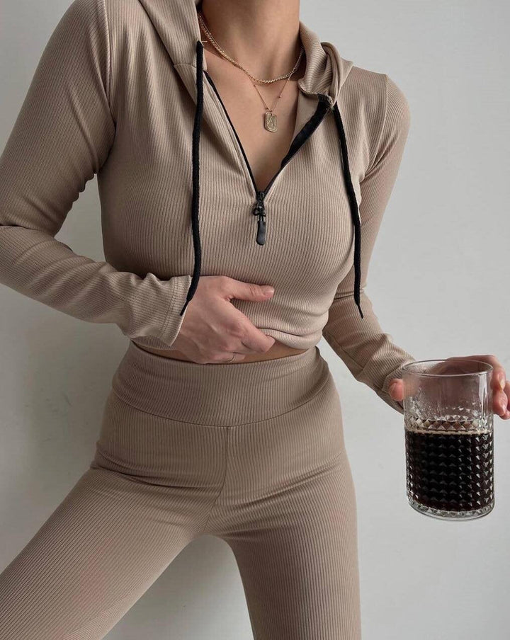 Women Ribbed Lounge Set with Half Zipper and High Waist Mune Fashion