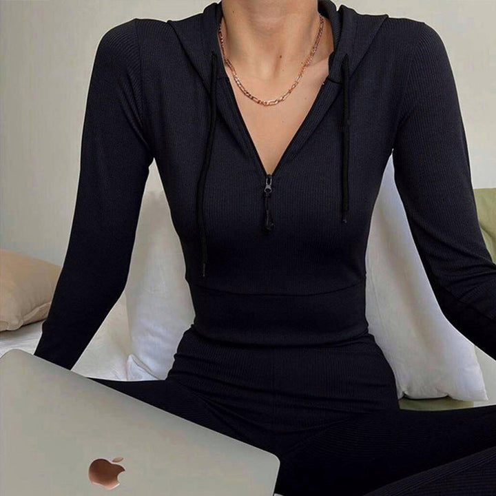 Women Ribbed Lounge Set with Half Zipper and High Waist Mune Fashion