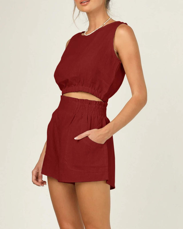 Women's Casual Linen Top and Shorts Set with Lace-Up Hem