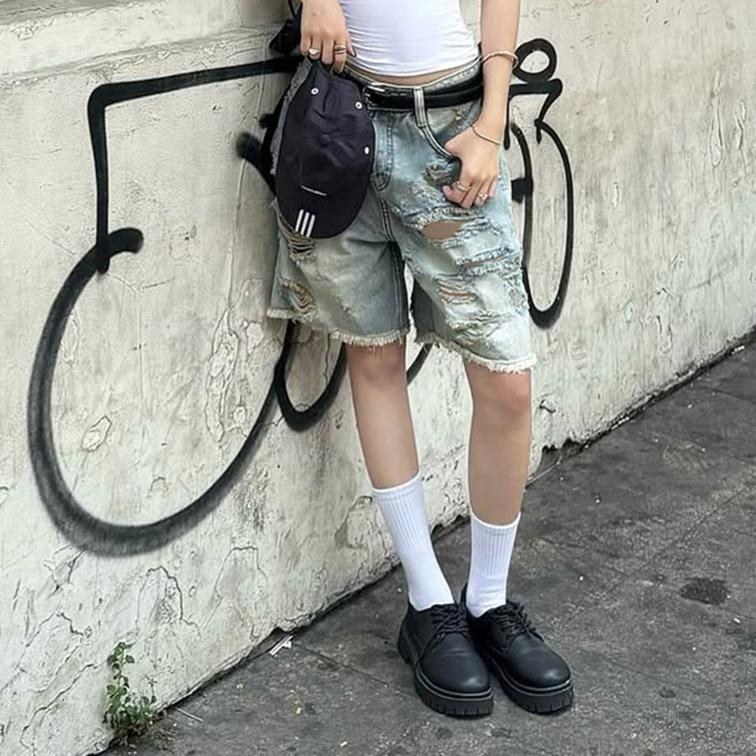 Women's High-Waisted Destroyed Denim Shorts with Frayed Hems