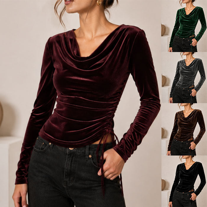 Women's velvet top with waterfall collar, side gathering and lacing detail Mune Fashion