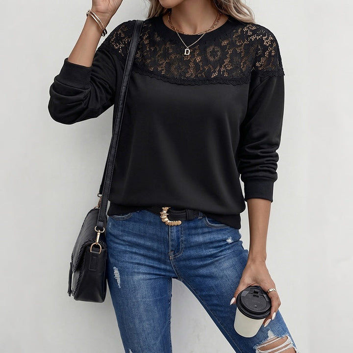 Women’s Casual Long Sleeve Shirt with Transparent Lace Yoke and Round Neckline Mune Fashion