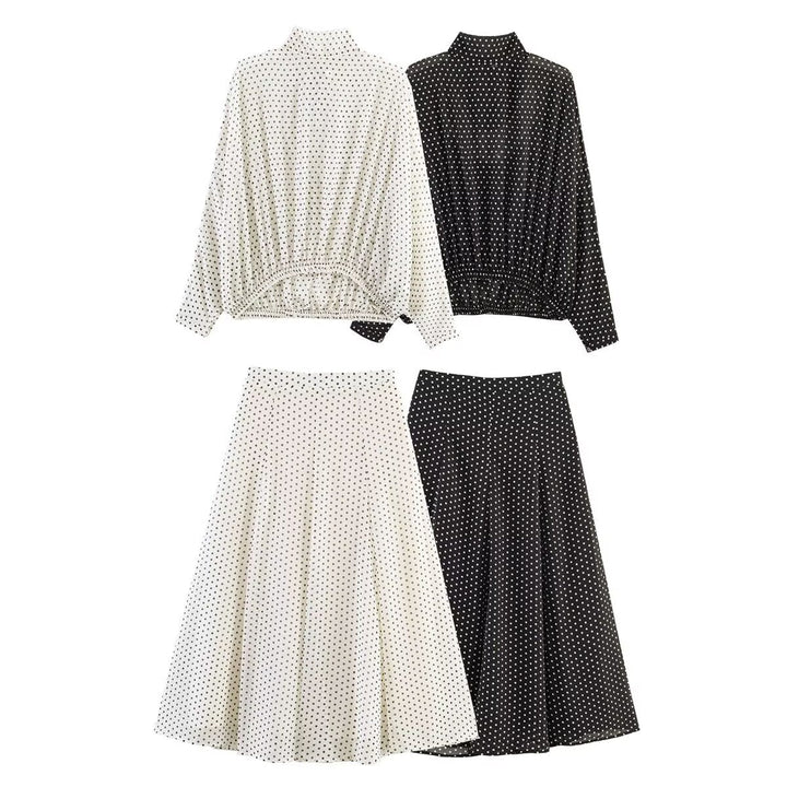 Ladies Flowing Midi Skirt in Vintage Polka Dot Design with Flared Plate Cut Mune Fashion