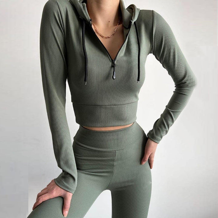 Women Ribbed Lounge Set with Half Zipper and High Waist Mune Fashion