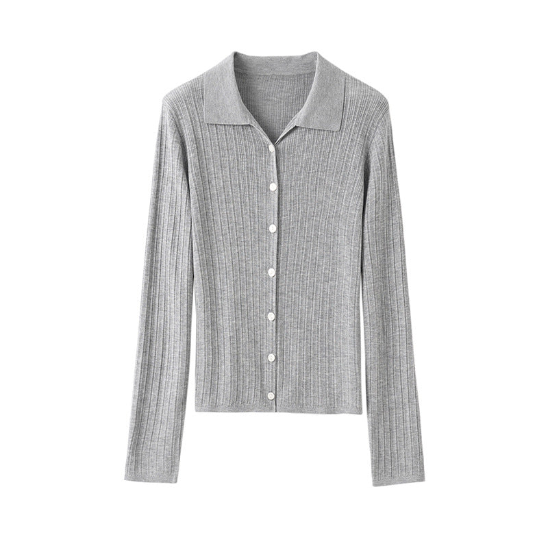 Women’s fine-knit cardigan with ribbed texture, button placket, and polo collar Mune Fashion