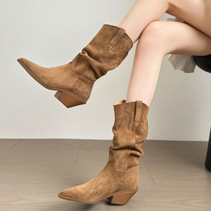 Ladies Slouchy Western Ankle Boots with pointed toe shape and sculpted block heel Mune Fashion