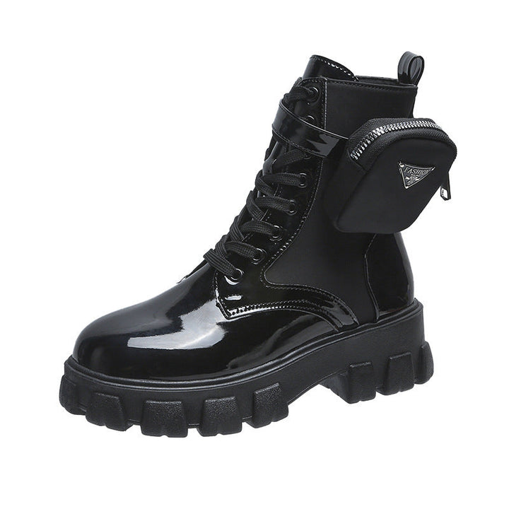 Ladies' lace-up mid-calf boot in utility style with detachable mini pouch and platform profile sole Mune Fashion