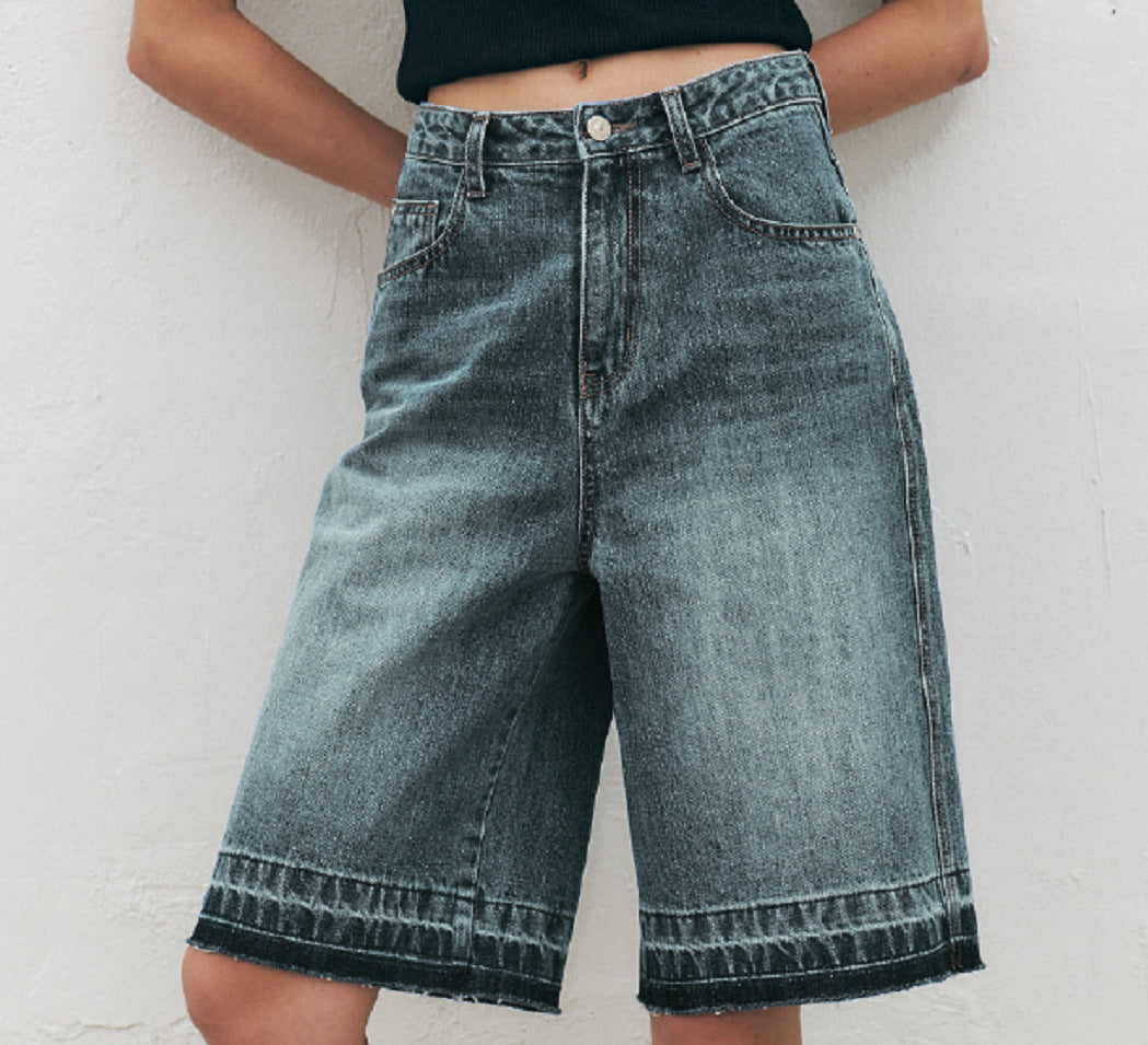 Women's High-Waisted Wide-Leg Denim Shorts with Textured Finish