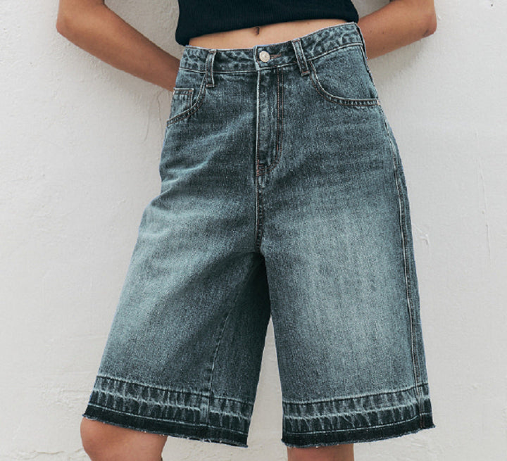 Women's High-Waisted Wide-Leg Denim Shorts with Textured Finish