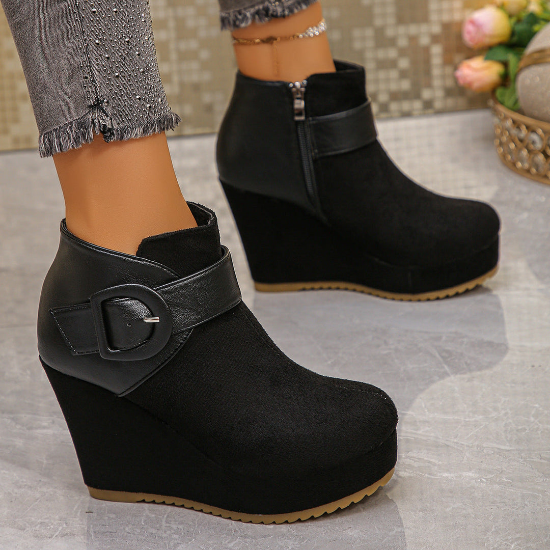 Women's Fashion Wedge Ankle Boots with Zipper and Buckle Detail Mune Fashion