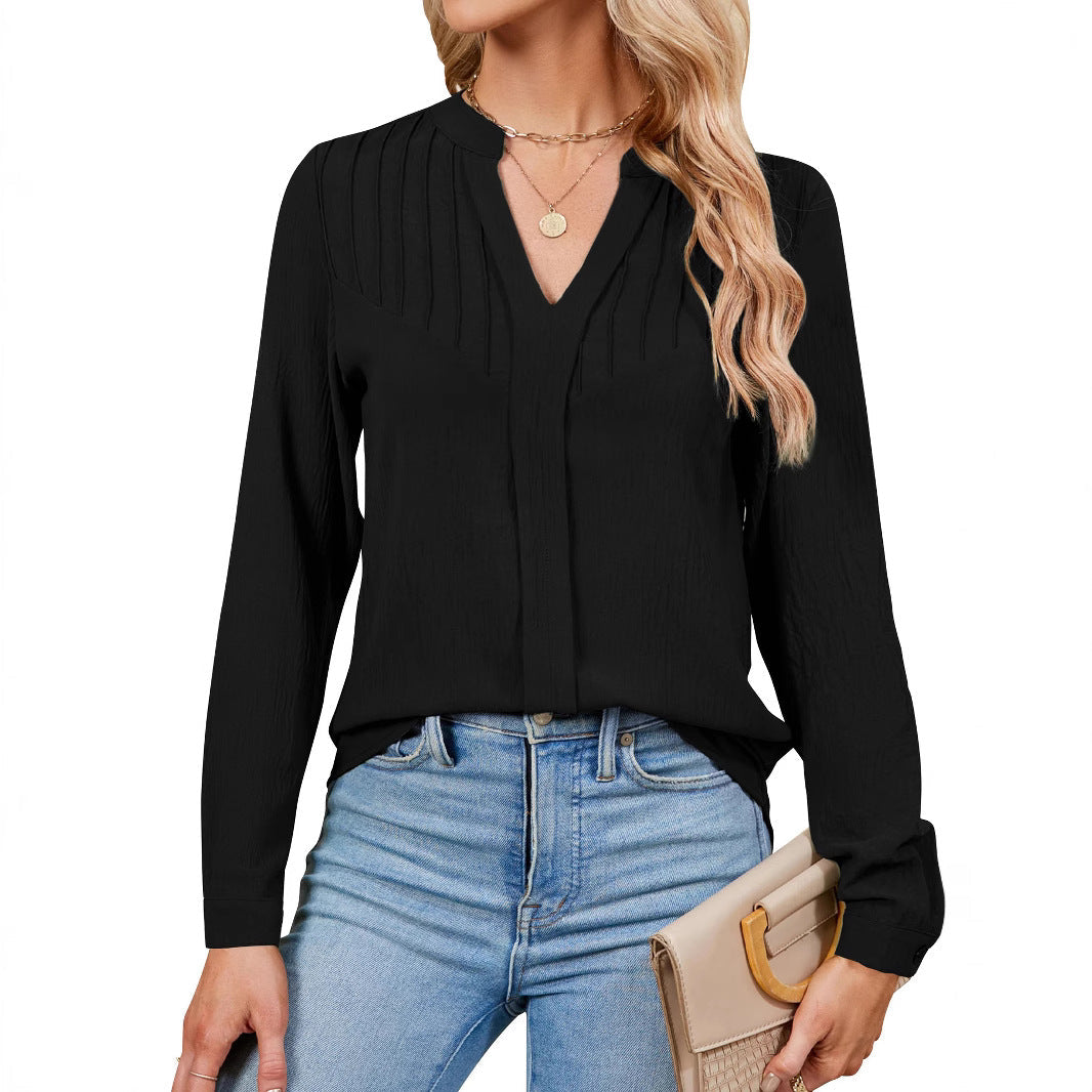 Ladies Fine Viscose Long Sleeve Blouse with Knife Pleats at the Top and Concealed Button Placket Mune Fashion