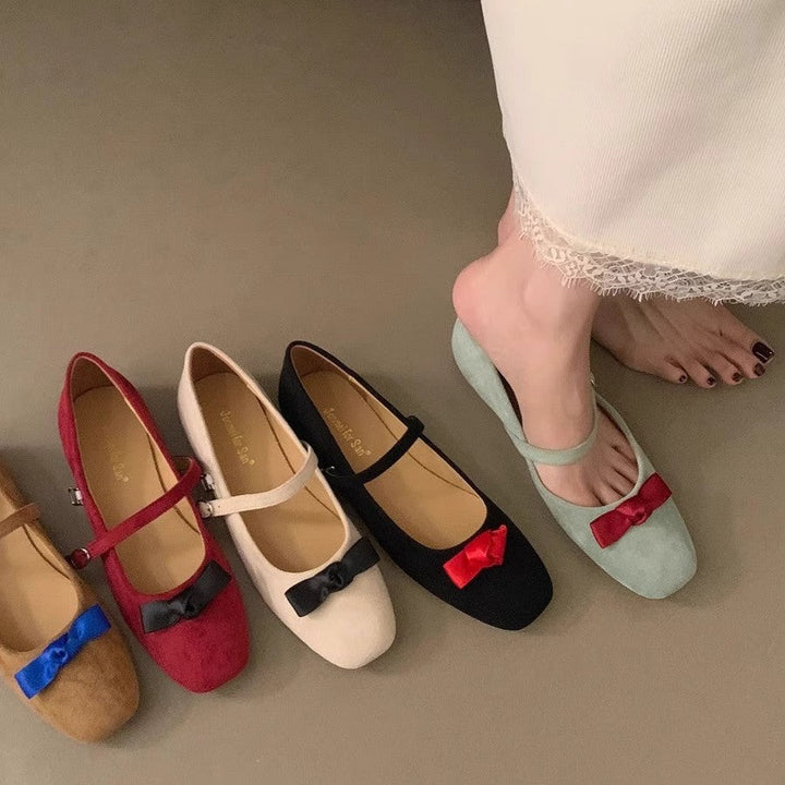 Elegant Women's Ballerina Flats with Mary Jane Strap and Bow Detail