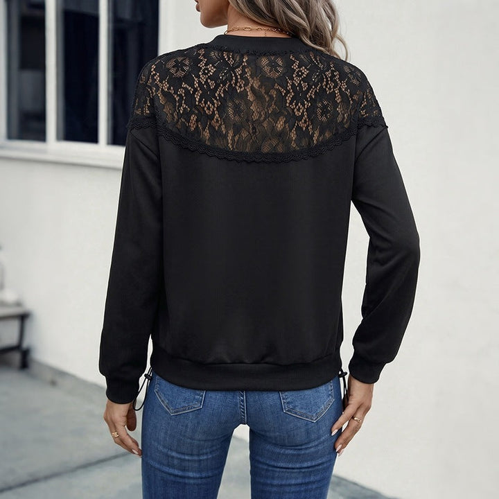 Women’s Casual Long Sleeve Shirt with Transparent Lace Yoke and Round Neckline Mune Fashion