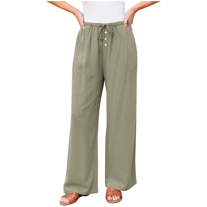 Women Linen-Look Pants with Wide Leg, Elastic Waist, Drawstring and Button Detail Mune Fashion