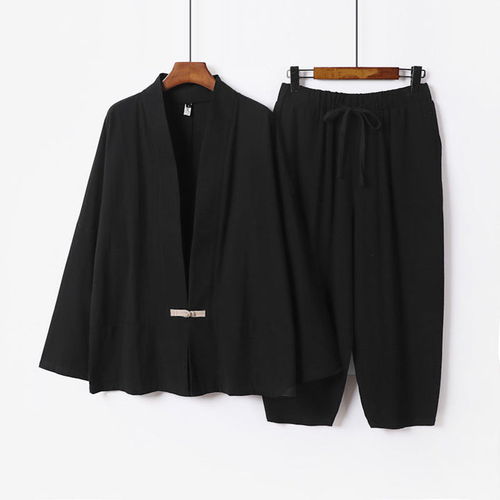 Unisex Casual Kimono Loungewear Set made of lightweight Linen Blend with Drawstring Pants Mune Fashion
