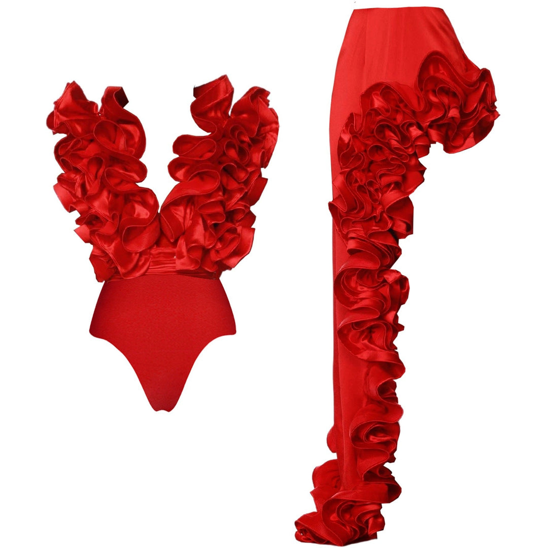 Women Elegant Swimsuit with Ruffles and Wide Pants Design Mune Fashion