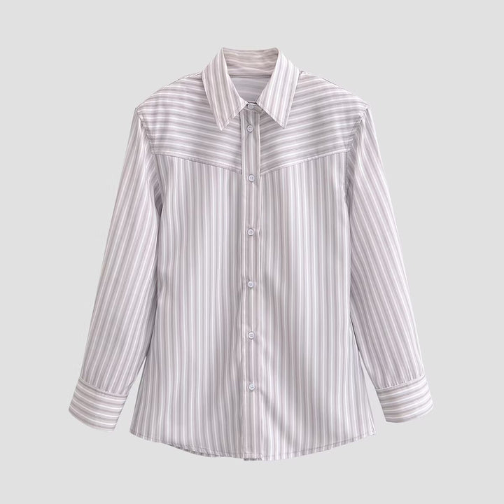 Women Striped Shirt Blouse with Western Yoke and Straight Cut Mune Fashion