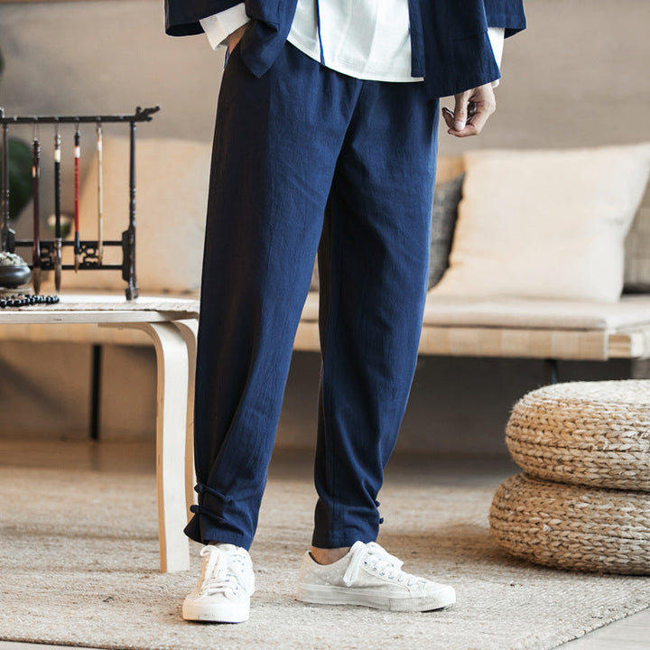 Men's Casual Linen Blend Pants with Drawstring Waist, Tapered Ankle and Knot Detail Mune Fashion